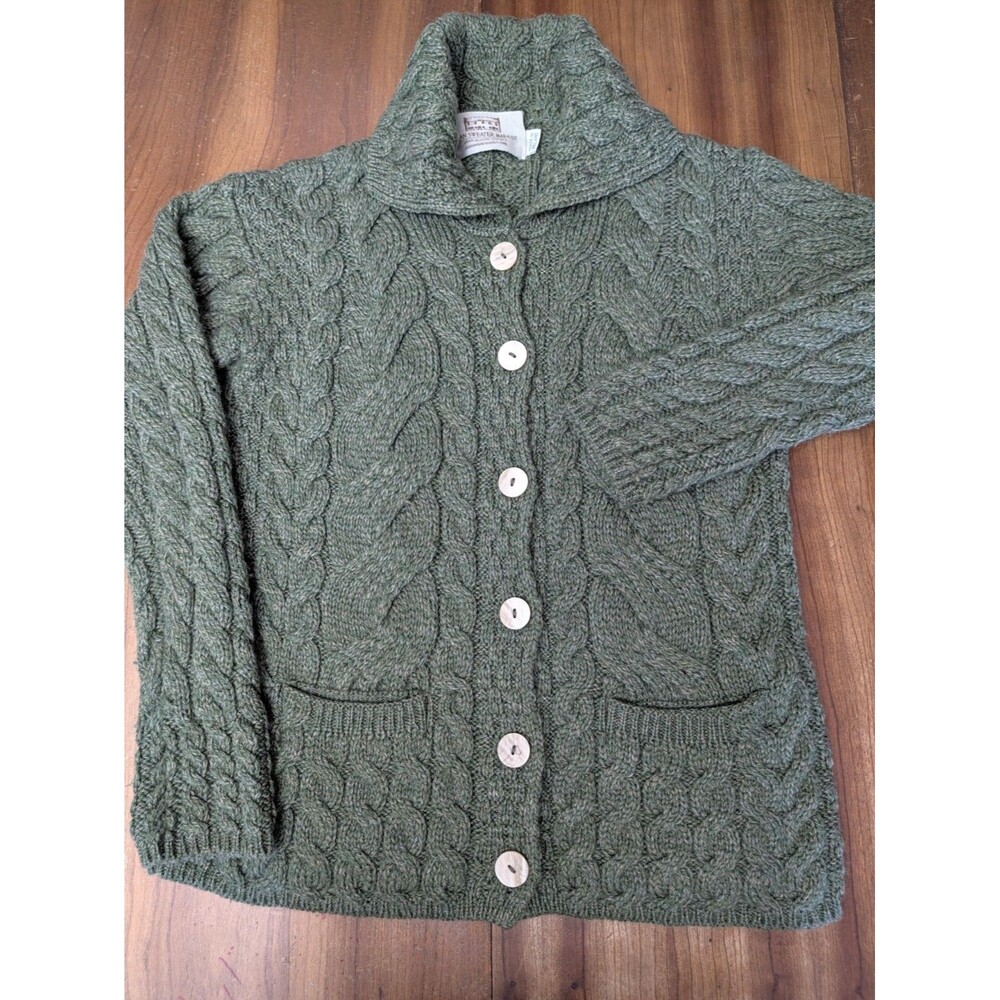 Aran Sweater Market Merino Wool Cable Knit Cardigan Green Ireland Womens M Soft